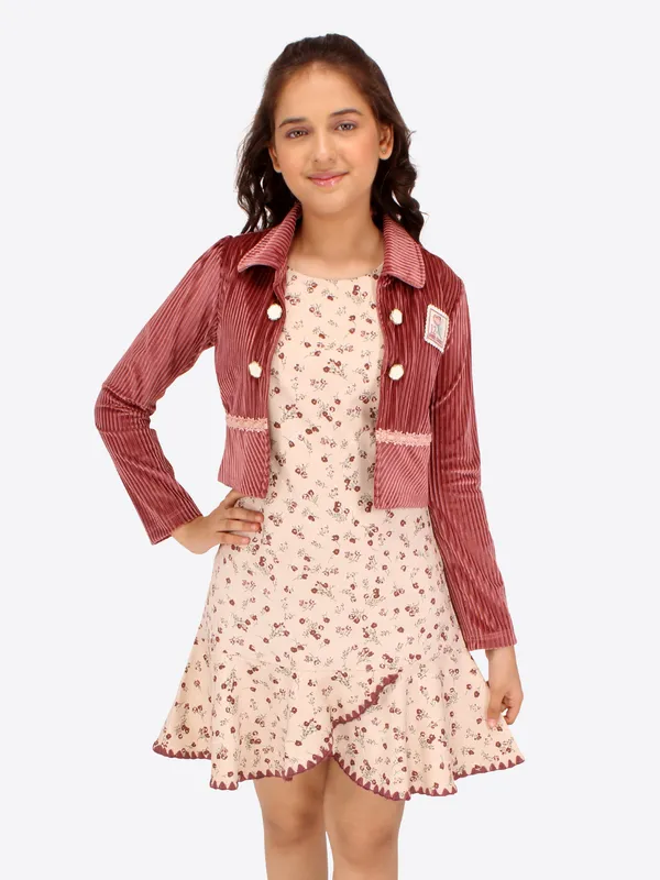 Cutecumber_Girls_Drop_Needle_Chenille_&_Twill_Floral_Printed_Sleeveless_Dress_with_Full_Sleeves_Opent_Front_Shrug.CC7740D-RUST