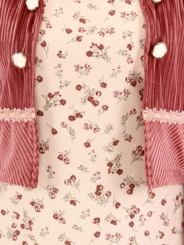 Cutecumber_Girls_Drop_Needle_Chenille_&_Twill_Floral_Printed_Sleeveless_Dress_with_Full_Sleeves_Opent_Front_Shrug.CC7740D-RUST