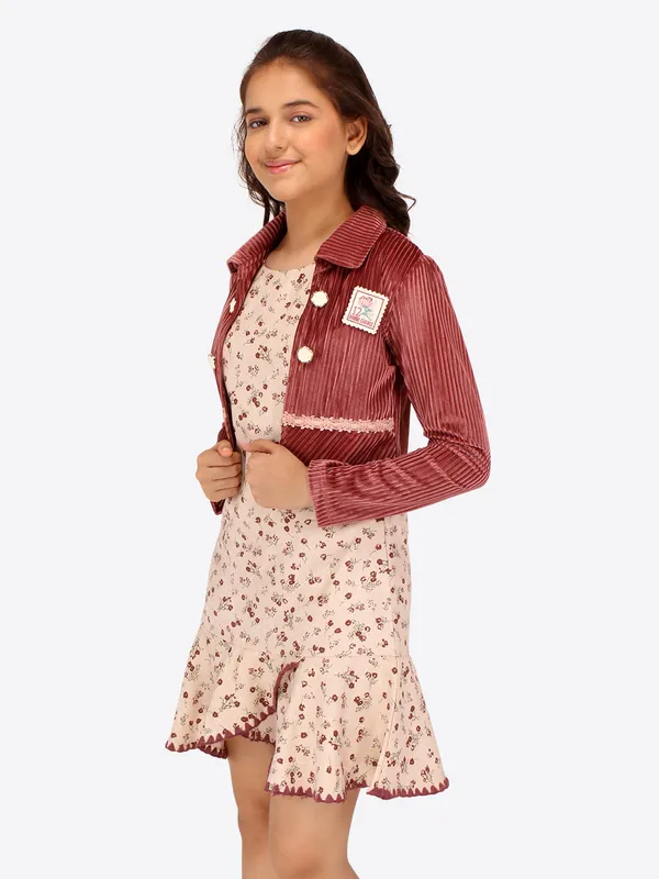 Cutecumber_Girls_Drop_Needle_Chenille_&_Twill_Floral_Printed_Sleeveless_Dress_with_Full_Sleeves_Opent_Front_Shrug.CC7740D-RUST