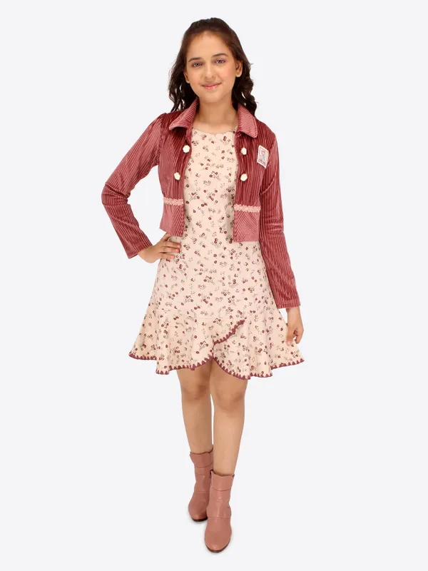 Cutecumber_Girls_Drop_Needle_Chenille_&_Twill_Floral_Printed_Sleeveless_Dress_with_Full_Sleeves_Opent_Front_Shrug.CC7740D-RUST