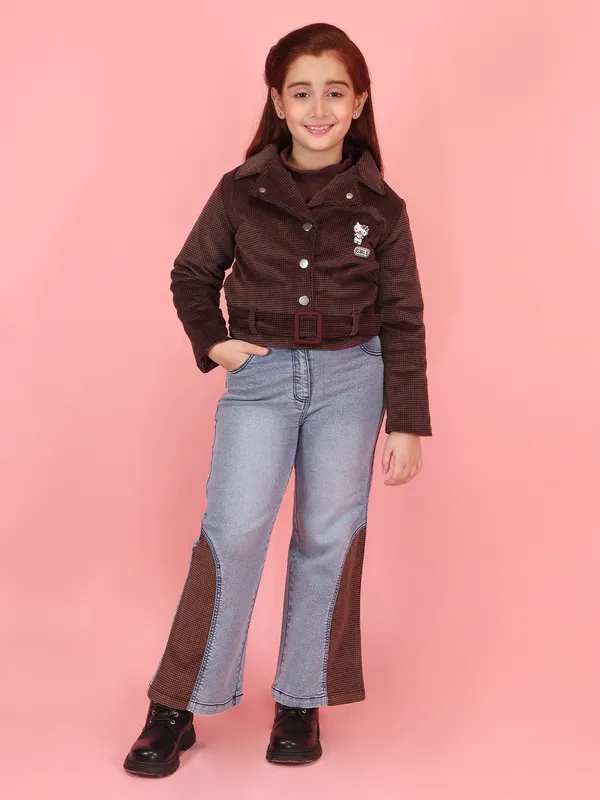 Cutecumber_Brown_Winter_Wear_Clothing_Set_For_Girls_Denim_Suede_Biker_Neck_Full_Sleeve_Wide_Leg_Patch_Pant_Durable_Fabric_Blend_Front_Button_Closure_Party_Outfit_For_Baby_Girls_&_Kids_Age_1-15_Yrs