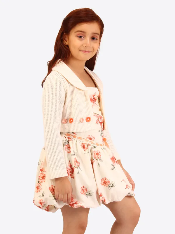Cutecumber_Orange_Printed_Balloon_Dress_with_Knitted_Shrug