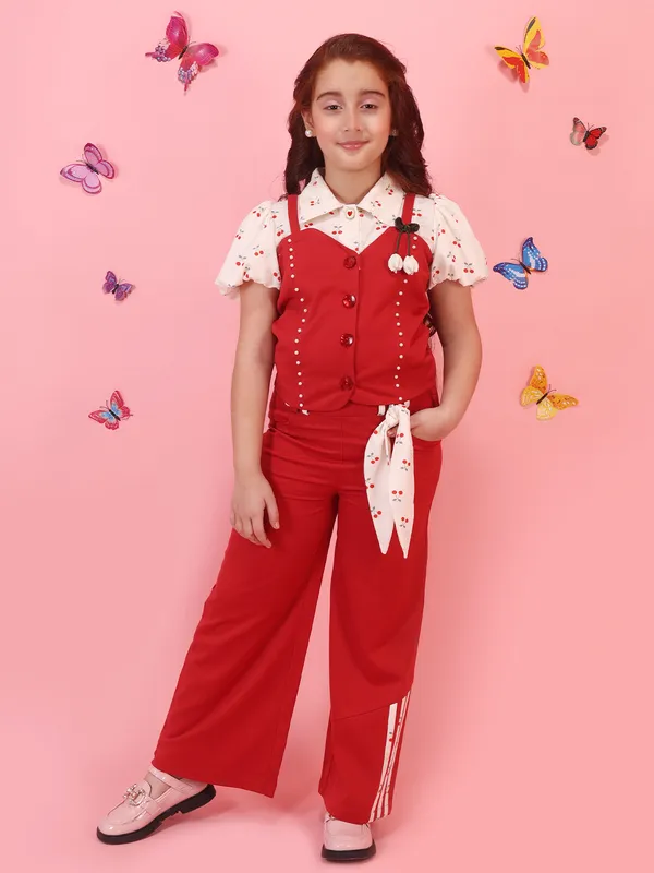 Cutecumber_Girls_Red_3_Piece_Clothing_Set_with_Printed_Shirt,_Button_Front_Top_&_Wide_Leg_Trousers,_Pocket_Design,_Party_Outfit_Waffle_Polyester_Cotton_Co-Ord_Set_For_Baby_Girls_&_Kids_Age_1-15_Yrs