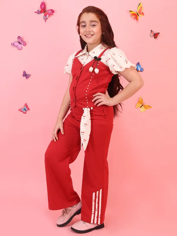 Cutecumber_Girls_Red_3_Piece_Clothing_Set_with_Printed_Shirt,_Button_Front_Top_&_Wide_Leg_Trousers,_Pocket_Design,_Party_Outfit_Waffle_Polyester_Cotton_Co-Ord_Set_For_Baby_Girls_&_Kids_Age_1-15_Yrs