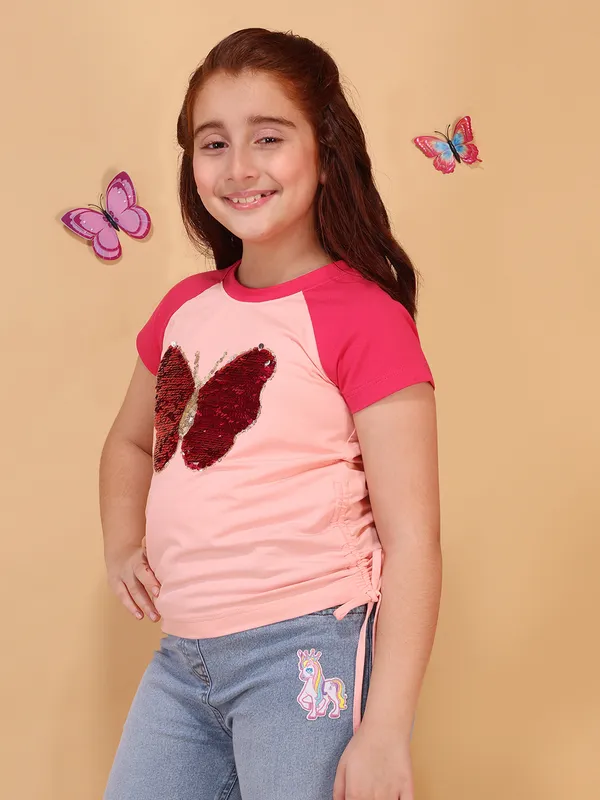 Cutecumber_Girls_Peach_Printed_Knit_Top_Short_Sleeve_Stylish_Graphic_T_Shirt_Ruched_Side_Tie_Up_Casual_Summer_Kids_Fashion_Tee_Pull_On_Closure_Baby_Girls_&_Kids_Age_1-15_Yrs