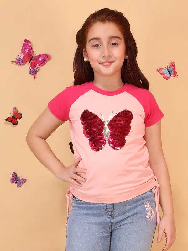 Cutecumber_Girls_Peach_Printed_Knit_Top_Short_Sleeve_Stylish_Graphic_T_Shirt_Ruched_Side_Tie_Up_Casual_Summer_Kids_Fashion_Tee_Pull_On_Closure_Baby_Girls_&_Kids_Age_1-15_Yrs