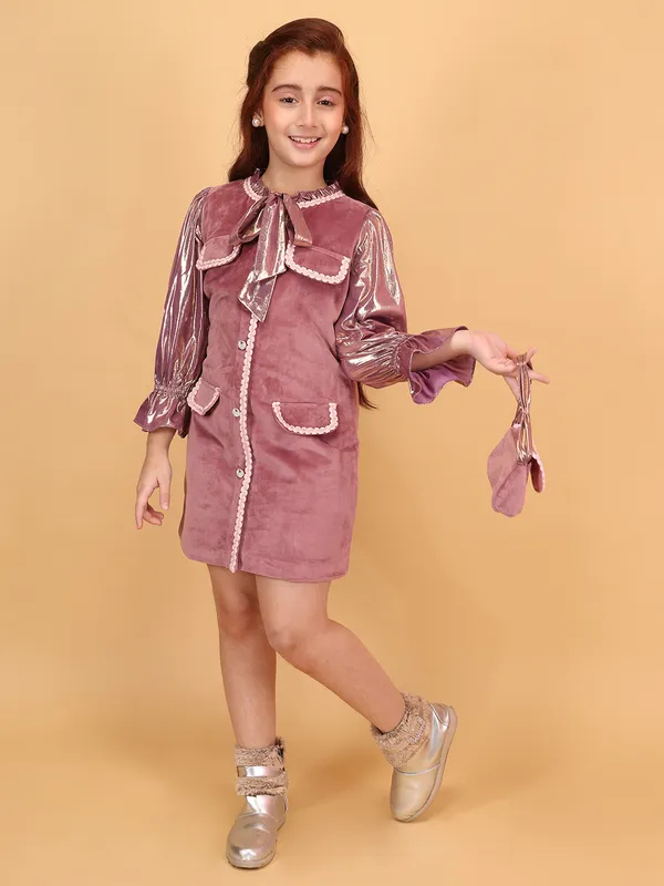 Cutecumber_Peach_Winter_Party_Fit_&_Flare_Dress_for_Girls'_Metallic_Shimmer_Full_Sleeve_Ribbon_Collar_Knee_Length_Velour_Fabric_Button_Closure_Casual_Party_Outfit_for_Baby_Girls_&_Kids_Age_1-15_Yrs
