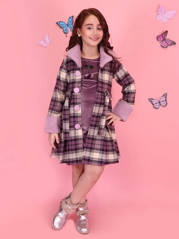 Cutecumber_Girls_Purple_Check_Winter_Party_Coat_A_Line_Dress_Chenille_Fabric_with_Button_and_Zip_Closure_Fur_Cuff_&_Collar_Full_Sleeve_Stylish_Winter_Fancy_Wear_for_Baby_Girls_and_Kids_Age_1_to_15_Yrs