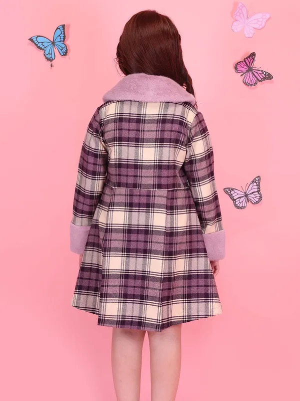Cutecumber_Girls_Purple_Check_Winter_Party_Coat_A_Line_Dress_Chenille_Fabric_with_Button_and_Zip_Closure_Fur_Cuff_&_Collar_Full_Sleeve_Stylish_Winter_Fancy_Wear_for_Baby_Girls_and_Kids_Age_1_to_15_Yrs