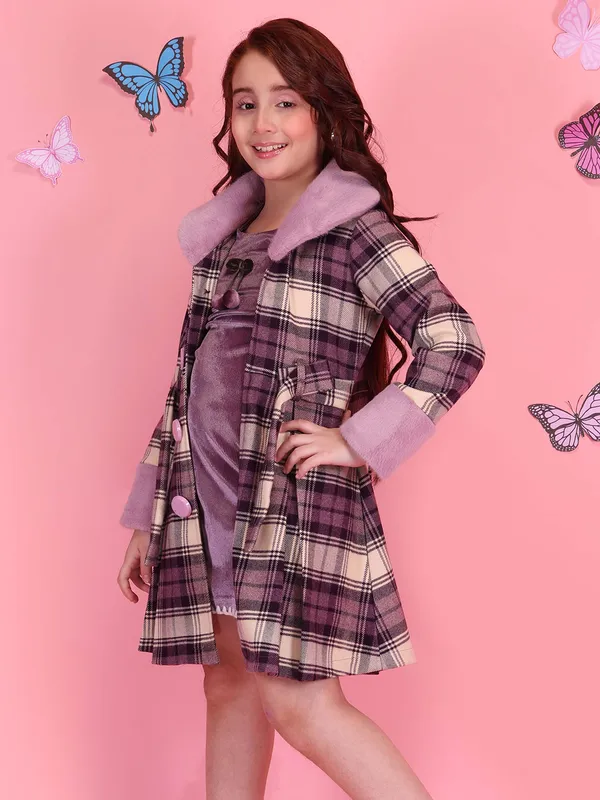 Cutecumber_Girls_Purple_Check_Winter_Party_Coat_A_Line_Dress_Chenille_Fabric_with_Button_and_Zip_Closure_Fur_Cuff_&_Collar_Full_Sleeve_Stylish_Winter_Fancy_Wear_for_Baby_Girls_and_Kids_Age_1_to_15_Yrs