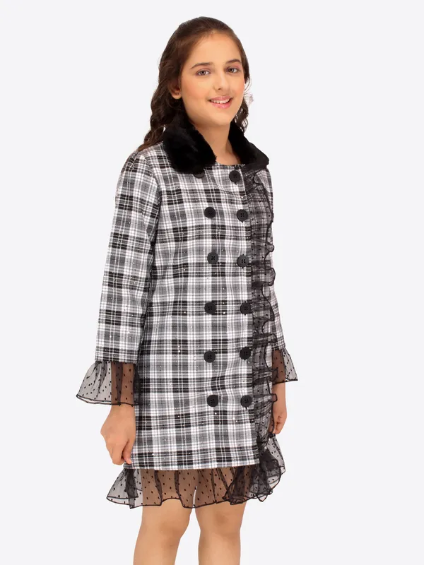 Cutecumber_Girls_Check_Fabric,_Organza_&_Fur_Checkered_Full_Sleeves_Shirt_Style_Dress.CC7771D-BLACK