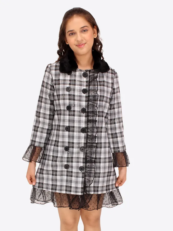 Cutecumber_Girls_Check_Fabric,_Organza_&_Fur_Checkered_Full_Sleeves_Shirt_Style_Dress.CC7771D-BLACK