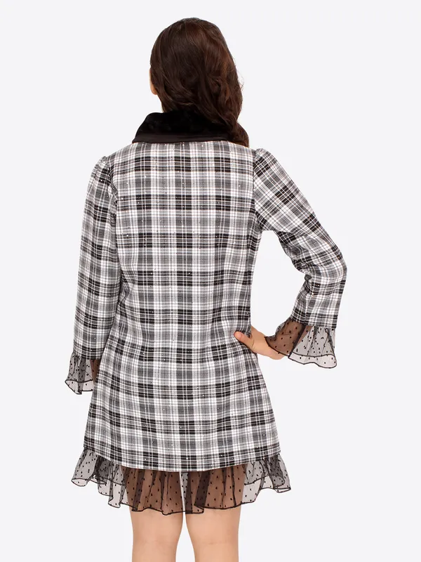 Cutecumber_Girls_Check_Fabric,_Organza_&_Fur_Checkered_Full_Sleeves_Shirt_Style_Dress.CC7771D-BLACK