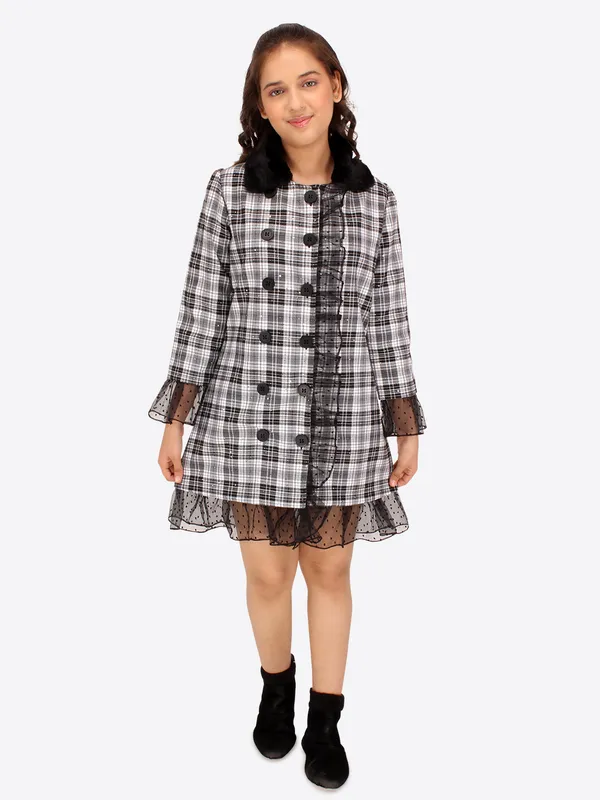 Cutecumber_Girls_Check_Fabric,_Organza_&_Fur_Checkered_Full_Sleeves_Shirt_Style_Dress.CC7771D-BLACK