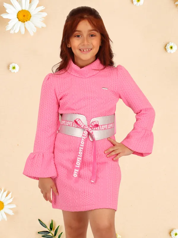 Cutecumber_Pink_cable_knit_shift_dress_shift_dress_with_metalic_belt