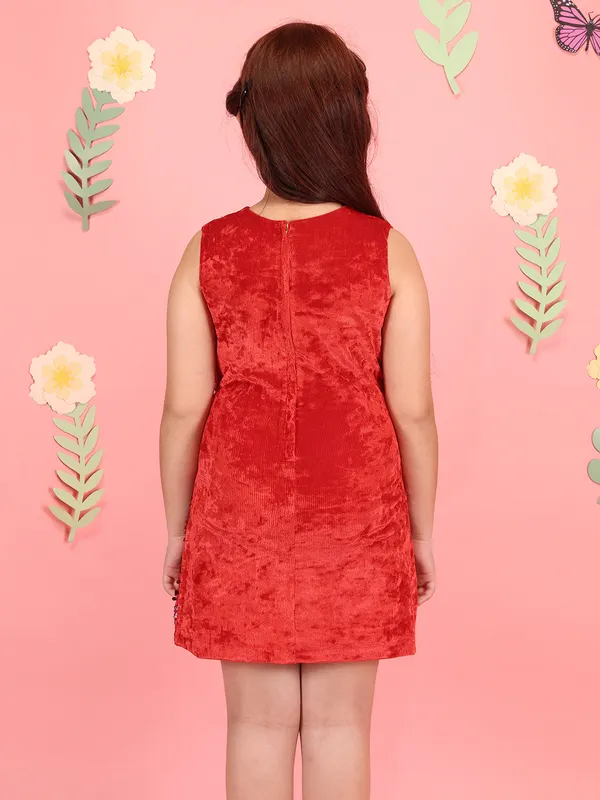 Cutecumber_Girls'_Two_Piece_A-Line_Dress_RedSequin_Lapel_Collar_Full_Sleeve_Chenille_Fabric_Shrug_Front_Zipp_Closure_Stylish_Fancy_Wedding_Party_&_Casual_Outfit_for_Baby_Girls_&_Kids_Age_1-15_Yrs