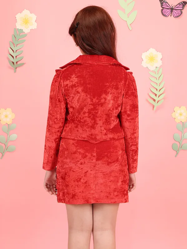 Cutecumber_Girls'_Two_Piece_A-Line_Dress_RedSequin_Lapel_Collar_Full_Sleeve_Chenille_Fabric_Shrug_Front_Zipp_Closure_Stylish_Fancy_Wedding_Party_&_Casual_Outfit_for_Baby_Girls_&_Kids_Age_1-15_Yrs