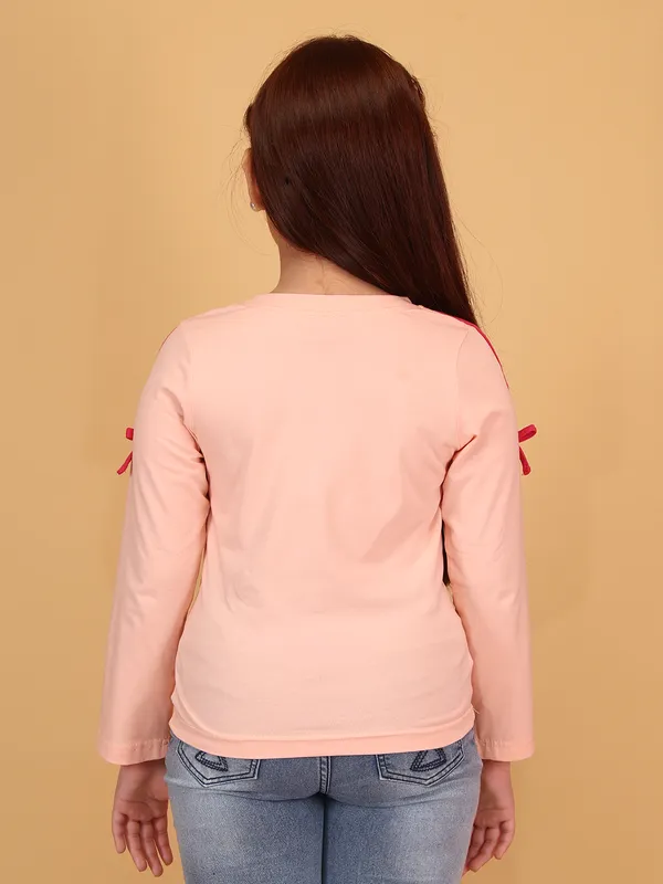 Cutecumber_Girls'_Winter_Top_Peach_Round_Neck_Full_Sleeve_Full_Length_Pullover_T-Shirt_Hello_Kitty_Embellished_Stylish_Pull-On_Closure_Fancy_Casual_Outfit_for_Baby_Girls_&_Kids_Age_1-15_Yrs