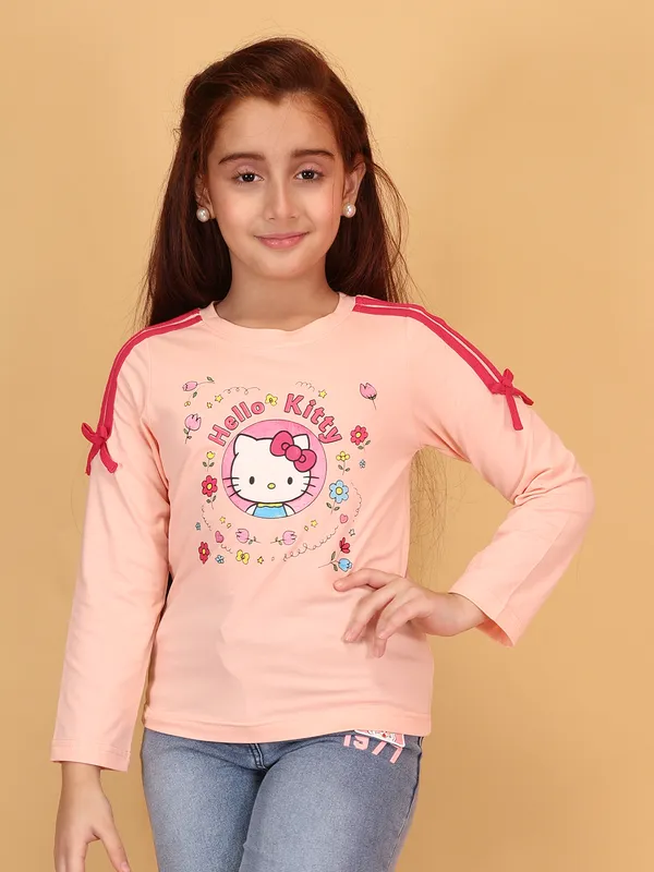 Cutecumber_Girls'_Winter_Top_Peach_Round_Neck_Full_Sleeve_Full_Length_Pullover_T-Shirt_Hello_Kitty_Embellished_Stylish_Pull-On_Closure_Fancy_Casual_Outfit_for_Baby_Girls_&_Kids_Age_1-15_Yrs