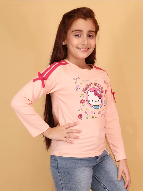 Cutecumber_Girls'_Winter_Top_Peach_Round_Neck_Full_Sleeve_Full_Length_Pullover_T-Shirt_Hello_Kitty_Embellished_Stylish_Pull-On_Closure_Fancy_Casual_Outfit_for_Baby_Girls_&_Kids_Age_1-15_Yrs