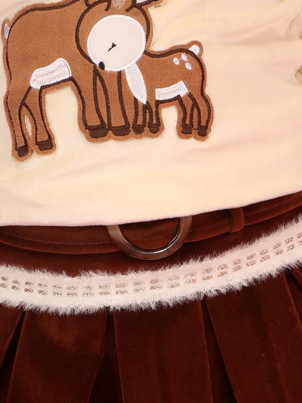 Cutecumber_Brown_Winter_Clothing_Set_For_Girls_Cream_Velour_Mock_Neck_Full_Sleeve_Pleated_Skirt_Suit_Suede_Fabric_Graphics_Stylish_Zip_Closure_Casual_Party_Outfit_For_Baby_Girls_&_Kids_Age_1-15_Yrs