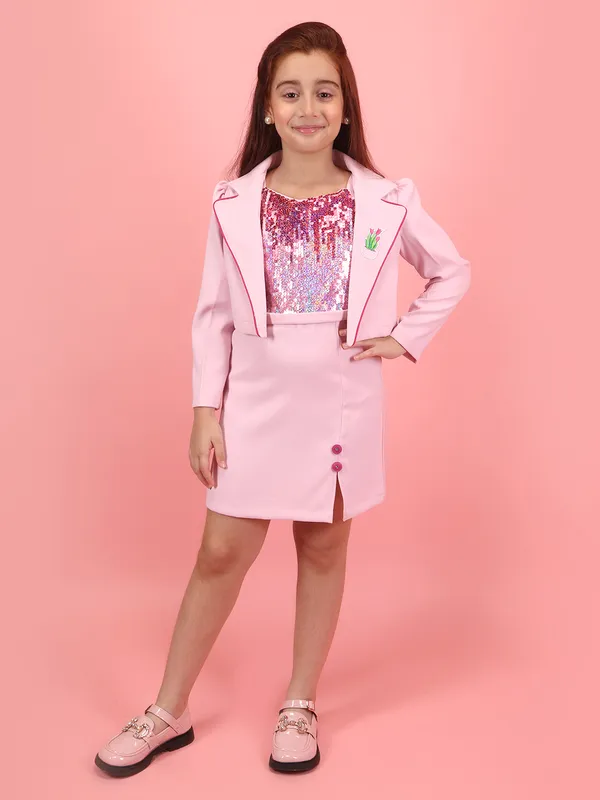 Cutecumber_Girls_Pink_Sequin_Polyester_Dress_with_Cropped_Blazer_�_Zip-Back_Closure,_Knee-Length_Silhouette,_Long_Sleeves,_Round_Neck,_Birthday_for_Baby_Girls_Kids_Ages_1�15