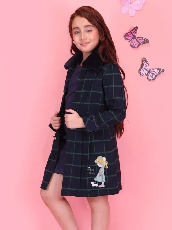 Cutecumber_Girls_Navy_Winter_Two_Piece_Check_A_Line_Coat_Dress_for_Baby_Girls_and_Kids_1_to_15_Yrs_with_Lapel_Collar_Glitter_Chenille_Fabric_Stylish_Party_&_Casual_Festive_Outfit_Best_for_Winter