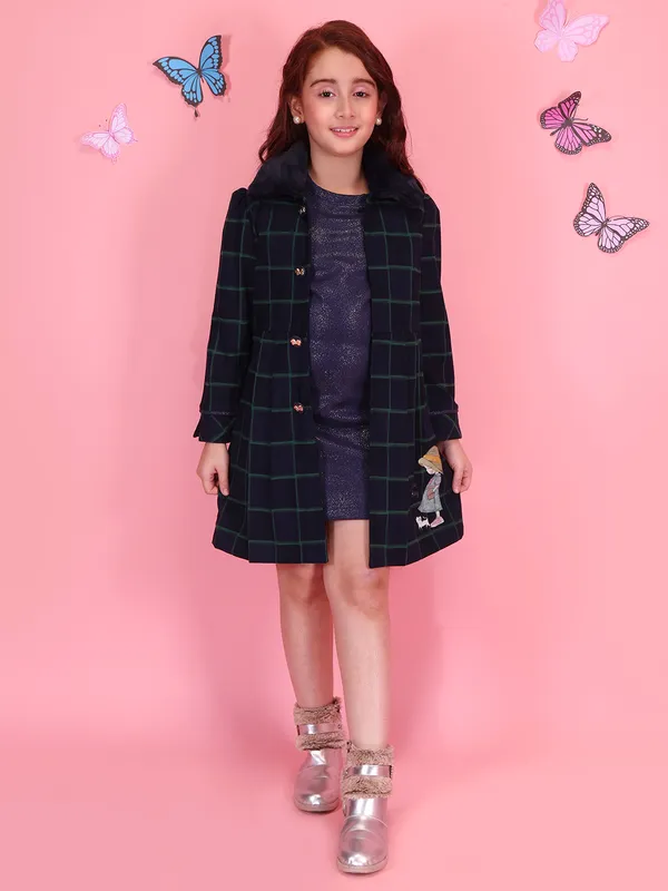 Cutecumber_Girls_Navy_Winter_Two_Piece_Check_A_Line_Coat_Dress_for_Baby_Girls_and_Kids_1_to_15_Yrs_with_Lapel_Collar_Glitter_Chenille_Fabric_Stylish_Party_&_Casual_Festive_Outfit_Best_for_Winter