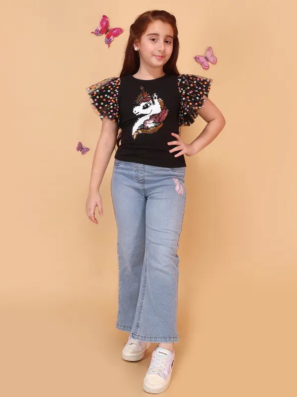 Cutecumber_Girls_Black_Unicorn_Sequin_Top_Polka_Dot_Ruffle_Sleeve_T_Shirt_Stylish_Printed_Knit_Summer_Fashion_Casual_Trendy_Kids_Top_Baby_Girls_&_Kids_Age_1-15_Yrs