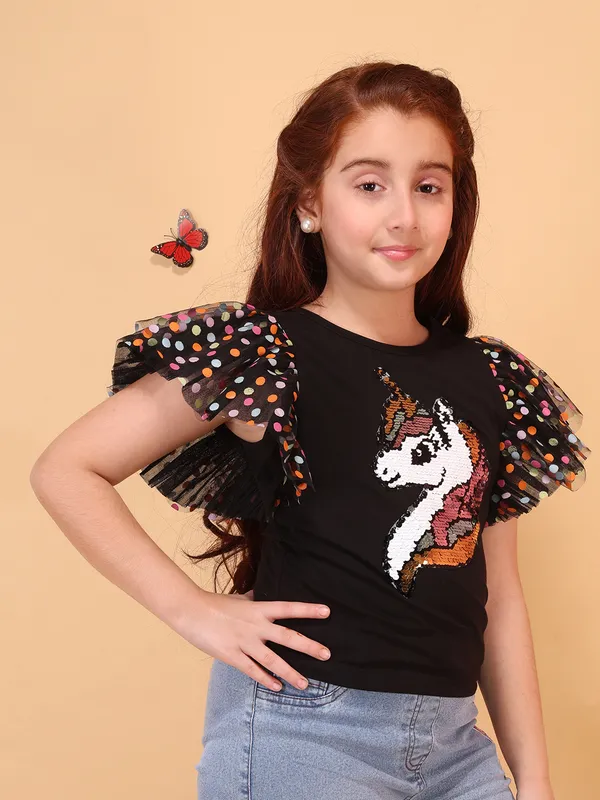 Cutecumber_Girls_Black_Unicorn_Sequin_Top_Polka_Dot_Ruffle_Sleeve_T_Shirt_Stylish_Printed_Knit_Summer_Fashion_Casual_Trendy_Kids_Top_Baby_Girls_&_Kids_Age_1-15_Yrs
