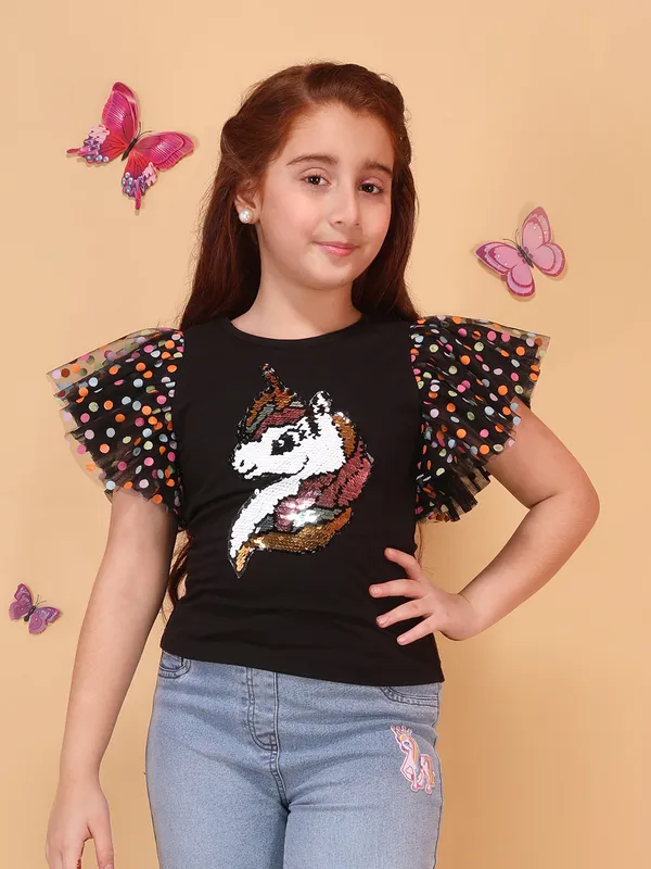 Cutecumber_Girls_Black_Unicorn_Sequin_Top_Polka_Dot_Ruffle_Sleeve_T_Shirt_Stylish_Printed_Knit_Summer_Fashion_Casual_Trendy_Kids_Top_Baby_Girls_&_Kids_Age_1-15_Yrs