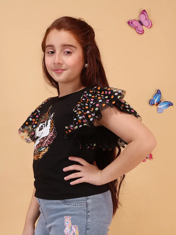 Cutecumber_Girls_Black_Unicorn_Sequin_Top_Polka_Dot_Ruffle_Sleeve_T_Shirt_Stylish_Printed_Knit_Summer_Fashion_Casual_Trendy_Kids_Top_Baby_Girls_&_Kids_Age_1-15_Yrs