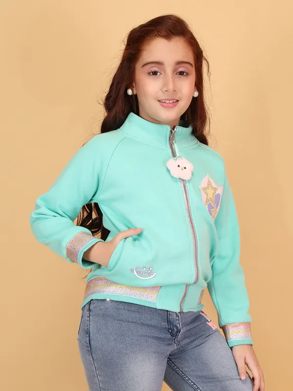 Cutecumber_Aqua_Mint_Winter_Jacket_For_Girls'_Fleece_Fabric_Stand_Collar_Neck_Full_Sleeve_Bomber_Style_Star_Graphic_Embellished_Full_Zip_Closure_Party_Casual_Outfit_for_Baby_Girls_&_Kids_Age_1-15_Yrs