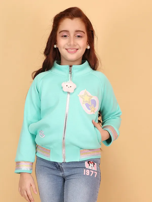 Cutecumber_Aqua_Mint_Winter_Jacket_For_Girls'_Fleece_Fabric_Stand_Collar_Neck_Full_Sleeve_Bomber_Style_Star_Graphic_Embellished_Full_Zip_Closure_Party_Casual_Outfit_for_Baby_Girls_&_Kids_Age_1-15_Yrs