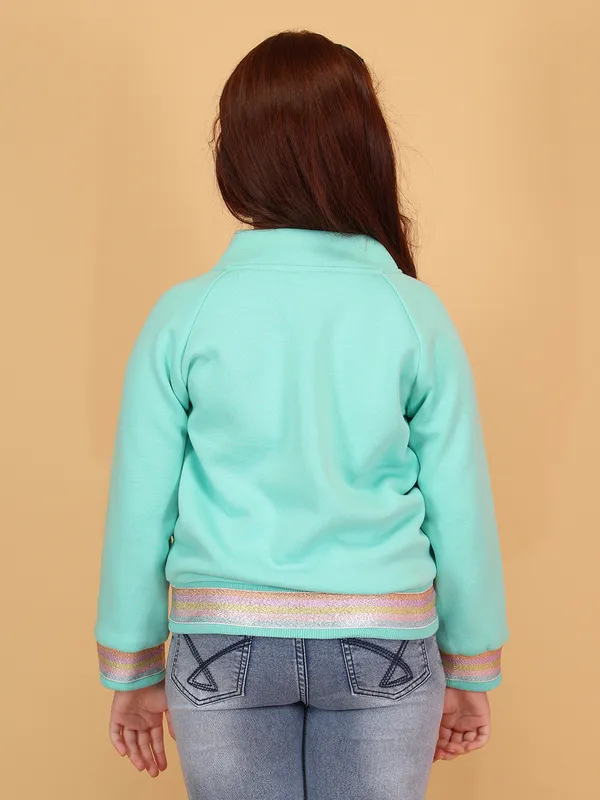 Cutecumber_Aqua_Mint_Winter_Jacket_For_Girls'_Fleece_Fabric_Stand_Collar_Neck_Full_Sleeve_Bomber_Style_Star_Graphic_Embellished_Full_Zip_Closure_Party_Casual_Outfit_for_Baby_Girls_&_Kids_Age_1-15_Yrs