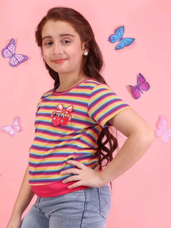 Cutecumber_Girls_Rainbow_Striped_Knit_T-Shirt_Top_Cherry_Applique_Short_Sleeve_Soft_Stretch_Summer_Casual_Trendy_Designer_Comfortable_Breathable_Kids_Fashion_Baby_Girls_&_Kids_Age_1-15_Yrs