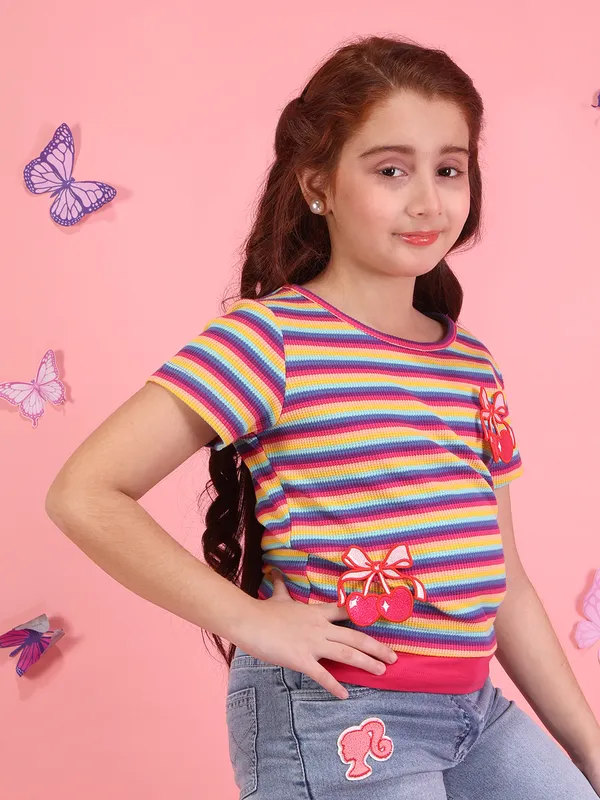 Cutecumber_Girls_Rainbow_Striped_Knit_T-Shirt_Top_Cherry_Applique_Short_Sleeve_Soft_Stretch_Summer_Casual_Trendy_Designer_Comfortable_Breathable_Kids_Fashion_Baby_Girls_&_Kids_Age_1-15_Yrs