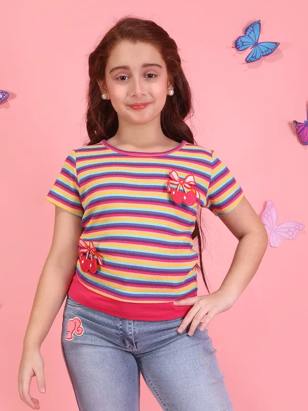 Cutecumber_Girls_Rainbow_Striped_Knit_T-Shirt_Top_Cherry_Applique_Short_Sleeve_Soft_Stretch_Summer_Casual_Trendy_Designer_Comfortable_Breathable_Kids_Fashion_Baby_Girls_&_Kids_Age_1-15_Yrs