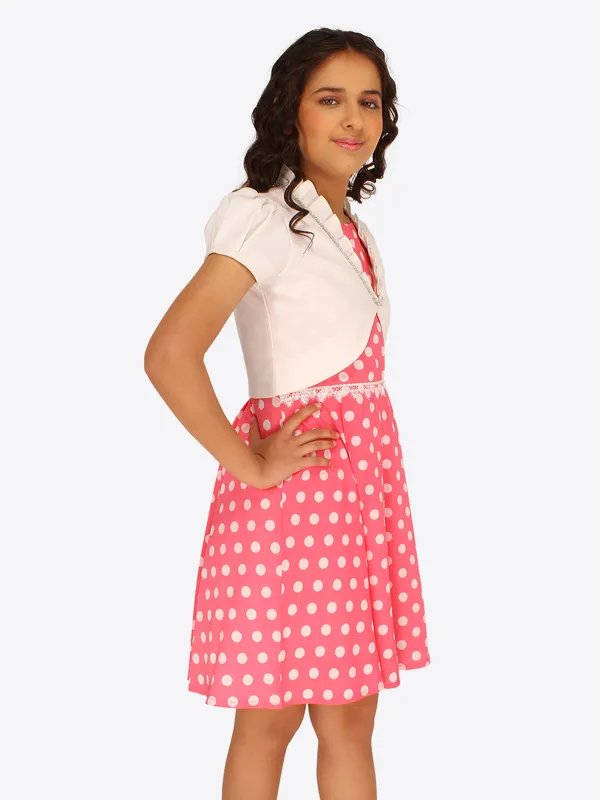 Cutecumber_Girl's_Georgette_Polka_Dot_Printed_Dress_With_Detachable_Open_Front_Shrug_Pink_Dress.CC8075D-PINK-44