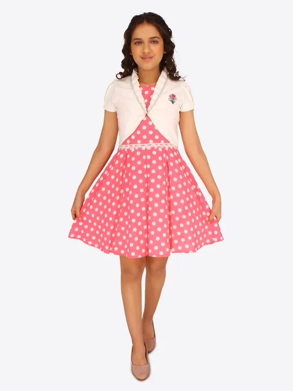 Cutecumber_Girl's_Georgette_Polka_Dot_Printed_Dress_With_Detachable_Open_Front_Shrug_Pink_Dress.CC8075D-PINK-44