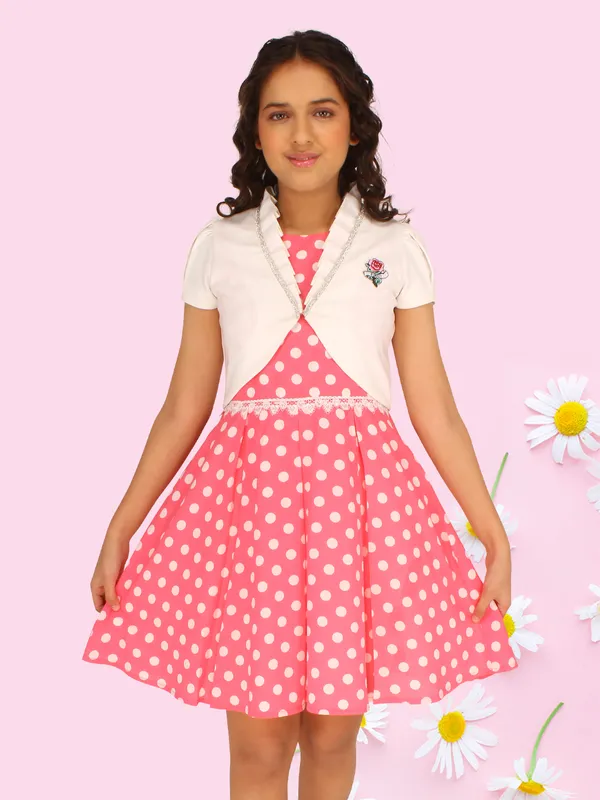Cutecumber_Girl's_Georgette_Polka_Dot_Printed_Dress_With_Detachable_Open_Front_Shrug_Pink_Dress.CC8075D-PINK-44