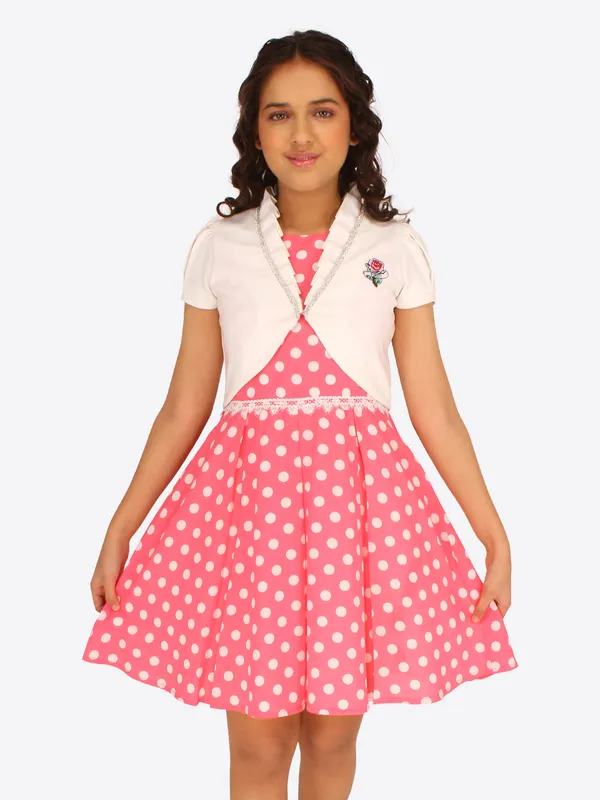 Cutecumber_Girl's_Georgette_Polka_Dot_Printed_Dress_With_Detachable_Open_Front_Shrug_Pink_Dress.CC8075D-PINK-44