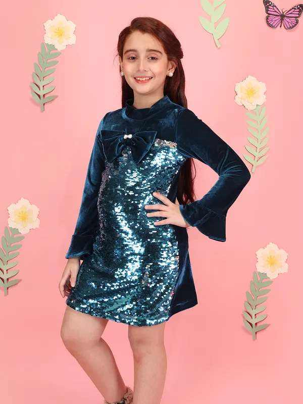 Cutecumber_Girls_Teal_High_Neck_Party_Shift_Dress_Chenille_Glitter_Sequin,_Satin_Fabric_Full_Sleeves_Bell_Cuff_Festive_Outfit_for_Baby_Girls_&_Kids_Best_for_Winter_Season_Age_3-13_Yrs