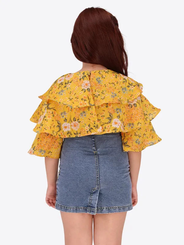 Yellow_Georgette_Denim_Flared_3/4_Sleeve_Regular_Partywear_Dress_For_Girls
