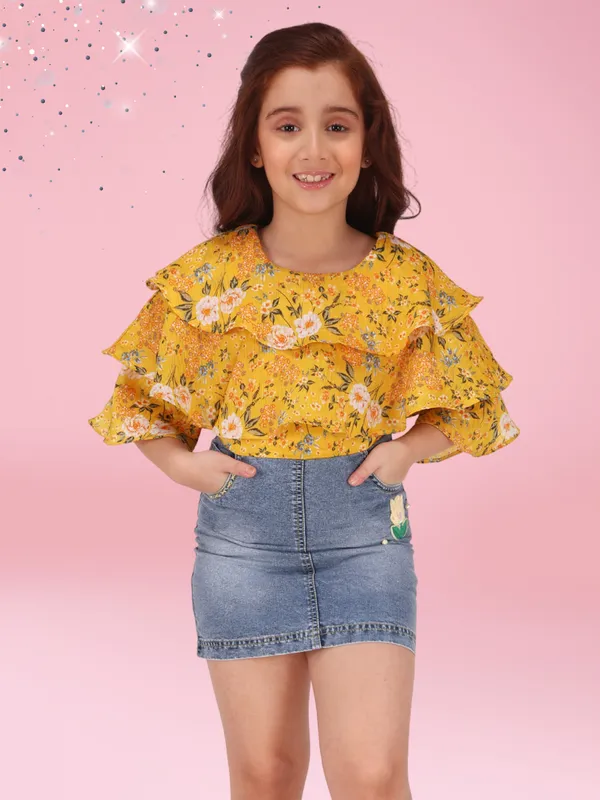 Yellow_Georgette_Denim_Flared_3/4_Sleeve_Regular_Partywear_Dress_For_Girls