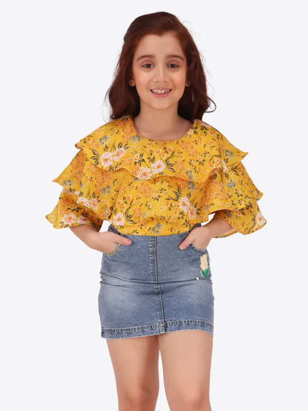 Yellow_Georgette_Denim_Flared_3/4_Sleeve_Regular_Partywear_Dress_For_Girls