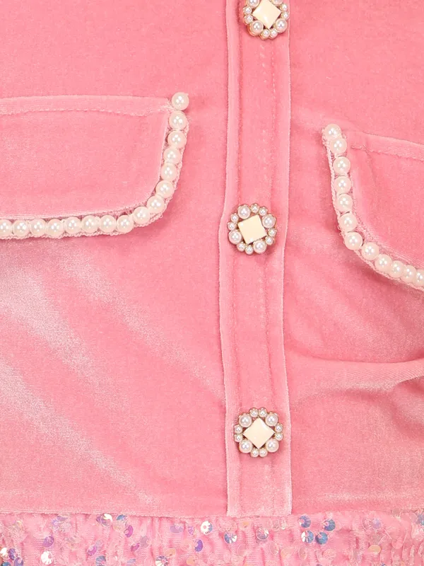 Cutecumber_Winter_Party_Western_Style_A-Line_Dress_for_Girls'_Pink_Chenille_Sequin_Mock_Neck_Full_Sleeve_Embellished_Button_Closure_Stylish_Fancy_Wear_Casual_Outfit_for_Baby_Girls_&_Kids_Age_1-15_Yrs
