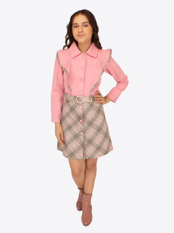 Cutecumber_Girls_Check_&_Georgette_Checkered_Winter_Full_Sleeve_Dress_with_Belt_Pink