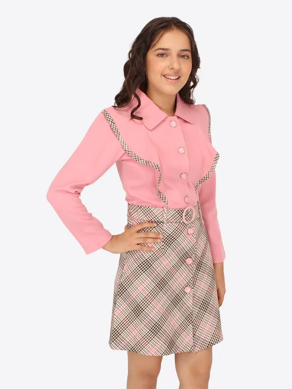 Cutecumber_Girls_Check_&_Georgette_Checkered_Winter_Full_Sleeve_Dress_with_Belt_Pink