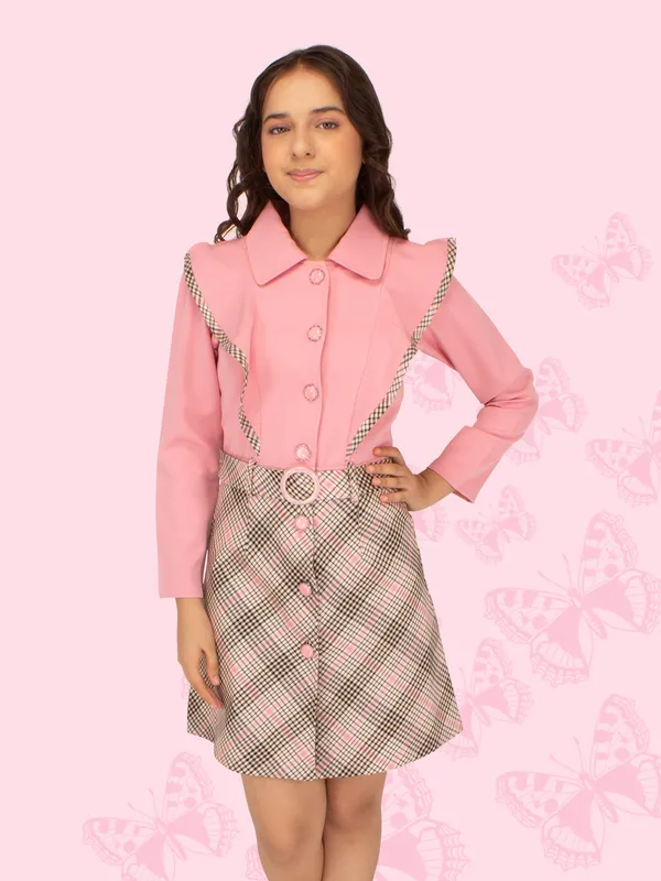 Cutecumber_Girls_Check_&_Georgette_Checkered_Winter_Full_Sleeve_Dress_with_Belt_Pink
